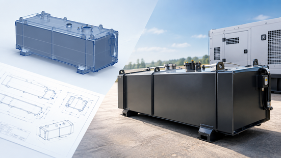 split view of a manufactured generator fuel tank next to its digital 3D wireframe CAD model and blueprint specifications.